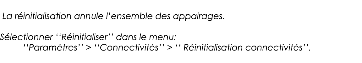  La réinitialisation annule l ensemble des appairages  Sélectionner   Réinitialiser   dans le menu:   Paramètres        